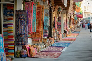 Fototapeta premium Colorful rugs and textiles displayed outside shops.