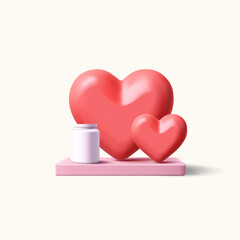 Plastic jar with heart medicine on podium, and glossy 3D hearts. For concepts of treatment and prevention of heart diseases. Scene for drug discount advertisement. Vector illustration.
