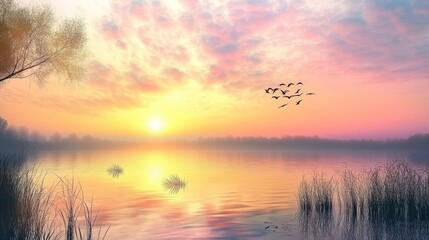 Serene Sunset Over Calm Lake with Flying Birds and Gentle Reflection