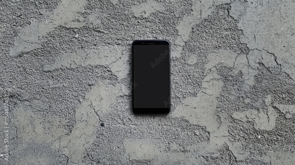 Poster smartphone on textured concrete surface with blank screen display