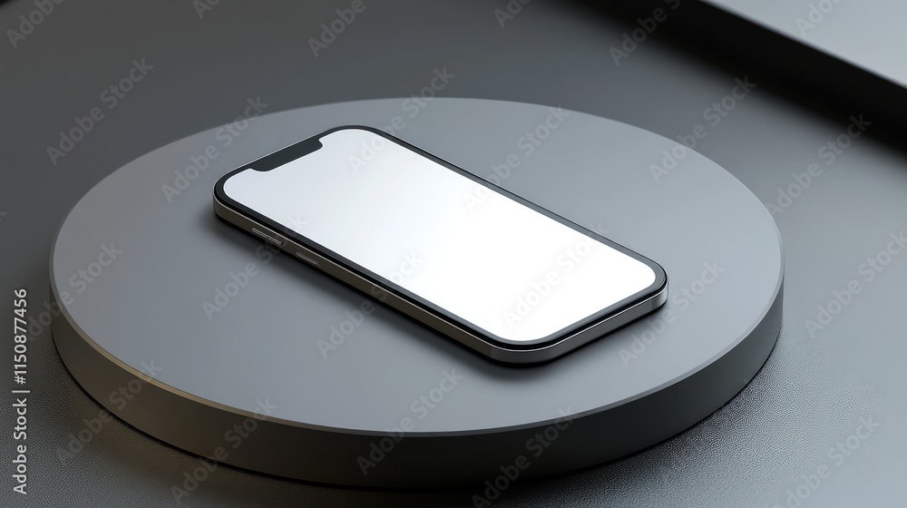 Poster minimalist smartphone on circular stand with clean surface display
