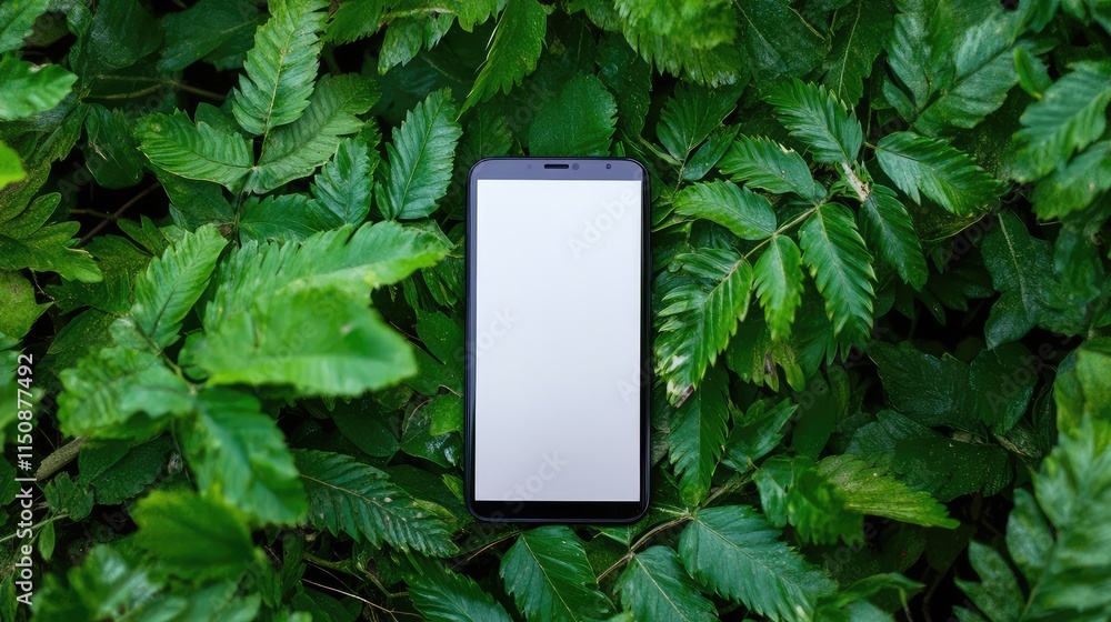 Poster smartphone on green leaves displaying natural and tech connection