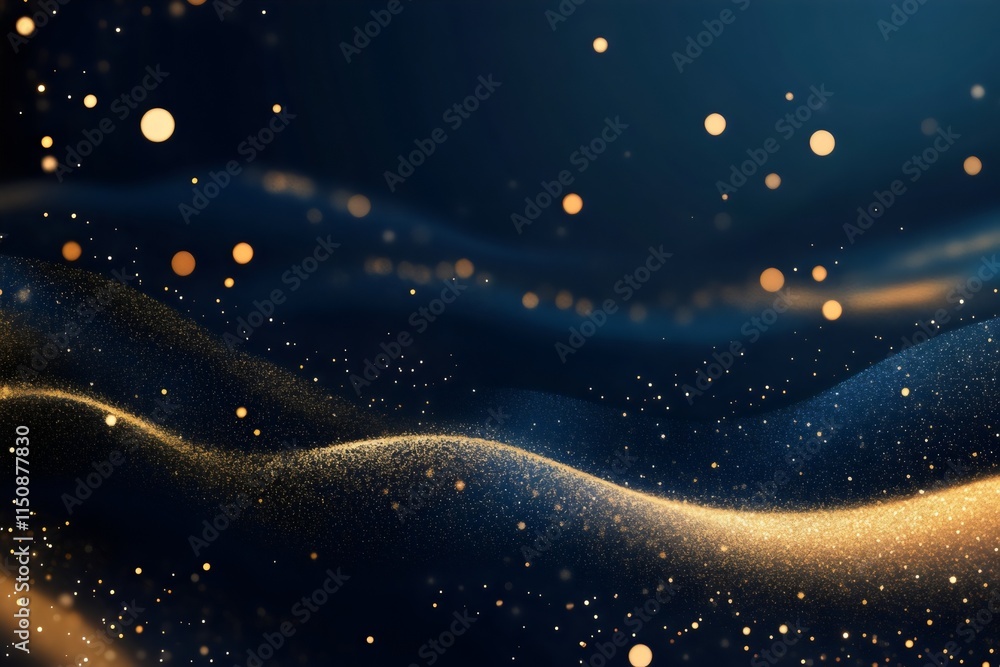 Wall mural golden particle waves floating and flowing over dark blue background, creating luxurious and elegant