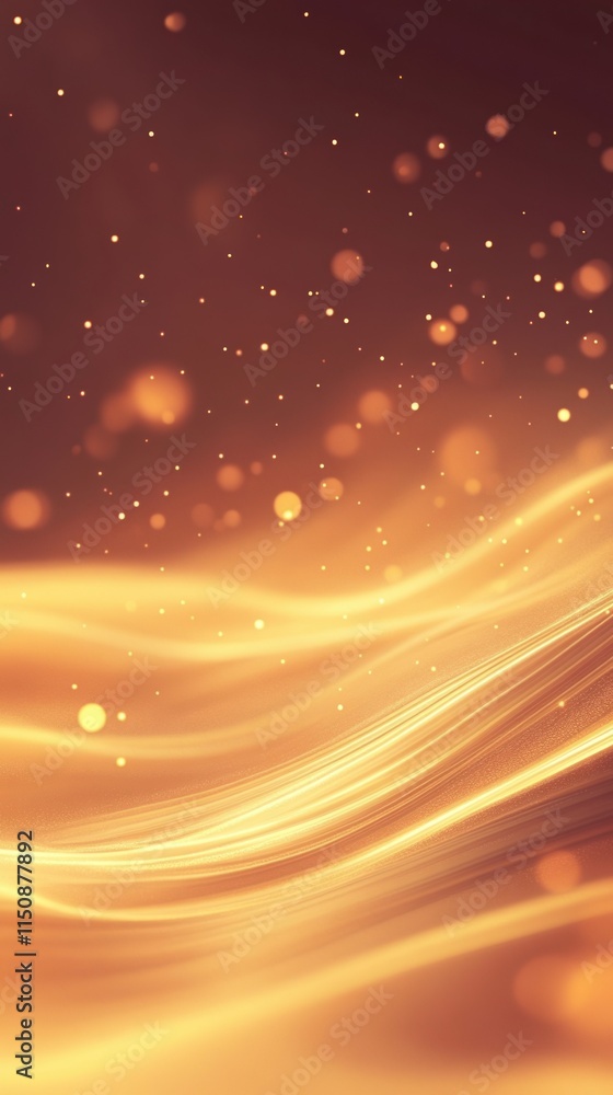 Poster elegant shimmering golden waves and glowing particles in motion creating a luxurious and warm ambian