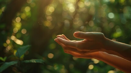 Hands Reaching for Sunlight Amidst Lush Green Forest