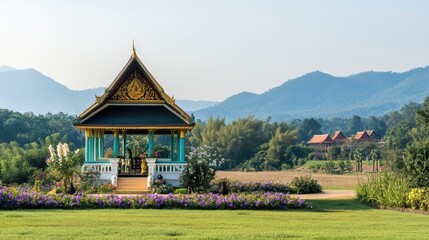 Fototapeta premium Serene Garden Pavilion Surrounded by Lush Mountains and Fields
