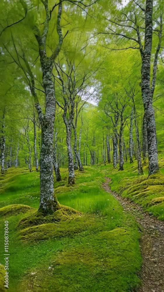 Poster lush greenery envelops a tranquil forest path inviting exploration during springtime