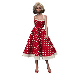 3D Rendered Fifties Traditional Housewife in Red Polkadot Swing Dress and Peep-toe Heels with Short Blonde Curls in Fantasy Magic Pose