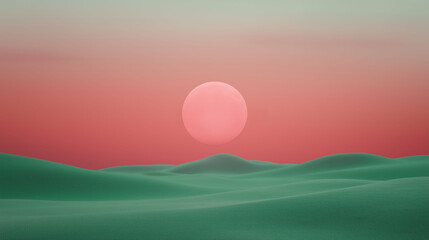 Dreamy Lunar Landscape With Serene Green Dunes And Pink Sky Featuring Ethereal Sunset Reflecting Abstract Concept And Surreal Nature Mystical Calmness Celestial Magic Merging Imagination