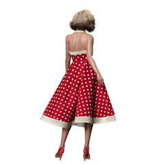 3D Rendered Fifties Traditional Housewife in Red Polkadot Swing Dress and Peep-toe Heels with Short Blonde Curls in Fantasy Magic Pose