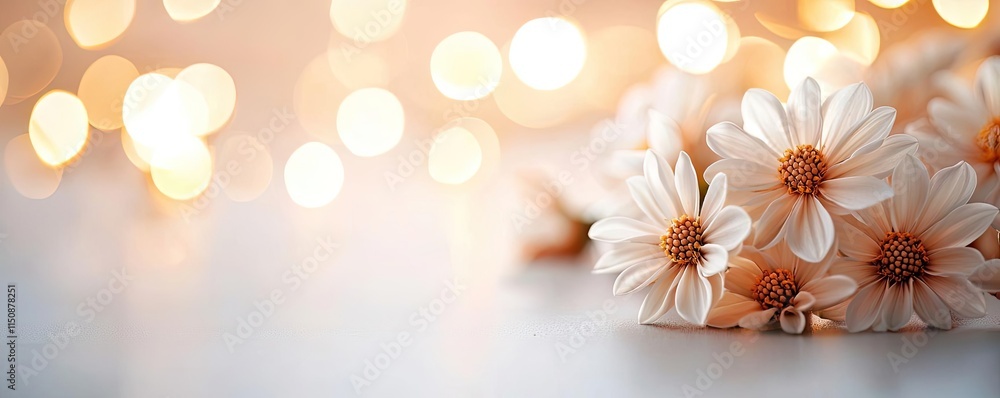 Poster serene nature idea. beautiful daisies on a soft surface with dreamy light bokeh in the background.