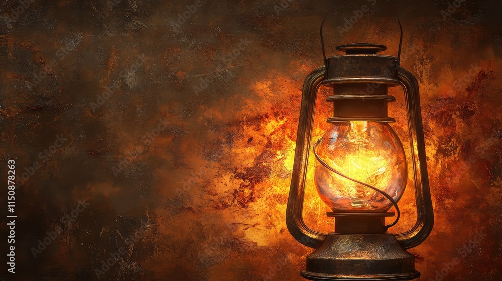 Poster vintage lantern with soft glow on rustic background texture