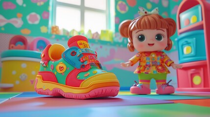 Obraz premium Colorful Childrens Shoe Near Playful Doll In Room