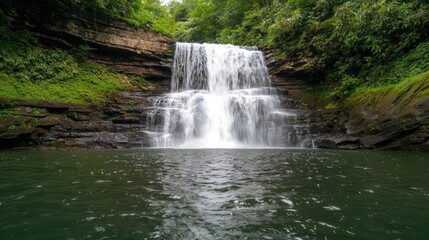 Fototapeta premium Serene nature idea. A serene waterfall cascading into a tranquil pool, surrounded by lush greenery.
