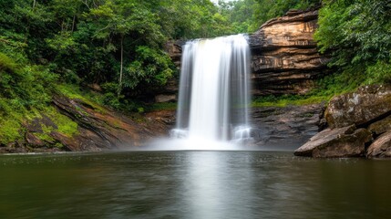 Obraz premium Serene nature idea. A serene waterfall cascades into a tranquil pool, surrounded by lush greenery.