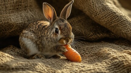 Naklejka premium Cute Brown Rabbit Enjoying Fresh Carrot on Rustic Burlap Background