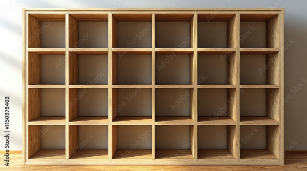 Poster wooden shelving unit with empty cubes for storage and display