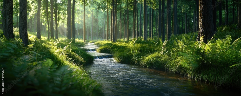 Poster serene nature concept. a serene forest scene with a flowing stream and lush greenery under soft sunl