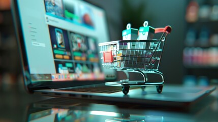 Digital Shopping Concept with Miniature Cart on Laptop