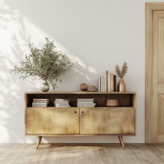 Modern wooden sideboard with books, plants, and decor against a white wall.