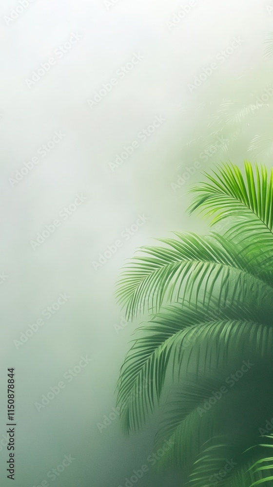 Poster mysterious fog enveloping tropical rainforest with lush green palm fronds and soft mist creating an 