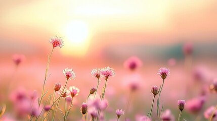 Serene nature concept. A beautiful field of pink wildflowers illuminated by a soft sunset glow.