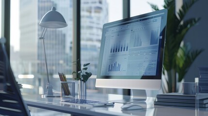Modern Office Workspace with Analytics Data on Computer Screen