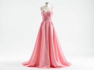 Pink chiffon maxi dress with ruched bodice and floral print display on plain white background. NEW IMAGE 