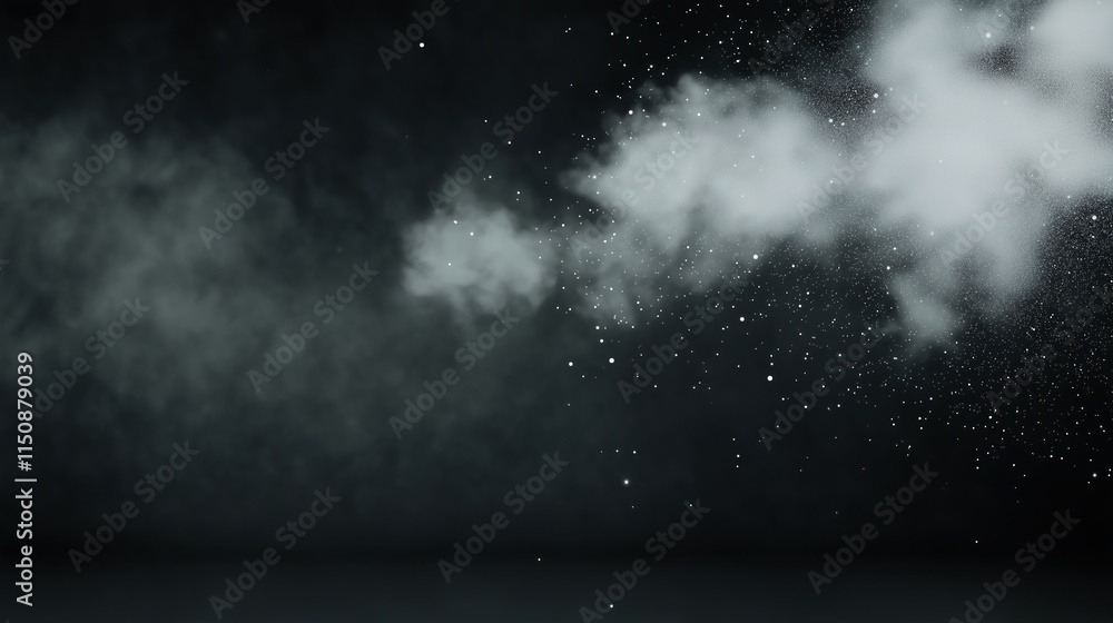 Poster natural organic dust particles suspended against black backdrop in dark atmosphere with floating hig