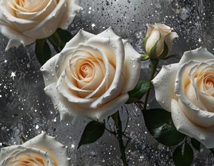 white roses on silver background with glitter