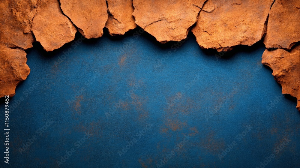 Poster rustic stone frame on blue background: a weathered, aged stone frame, rich in texture and color, for