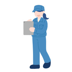 タブレットを操作しながら立つ作業服を着た女性のフラットなイラスト

