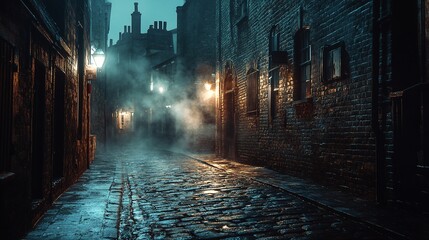 Dark, foggy cobblestone alley at night.