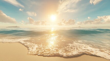 Fototapeta premium Serene Tropical Beach at Sunset with Gentle Waves and Soft Clouds