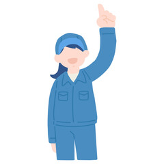 指をさしながら上を見る作業服を着た女性のフラットなイラスト
