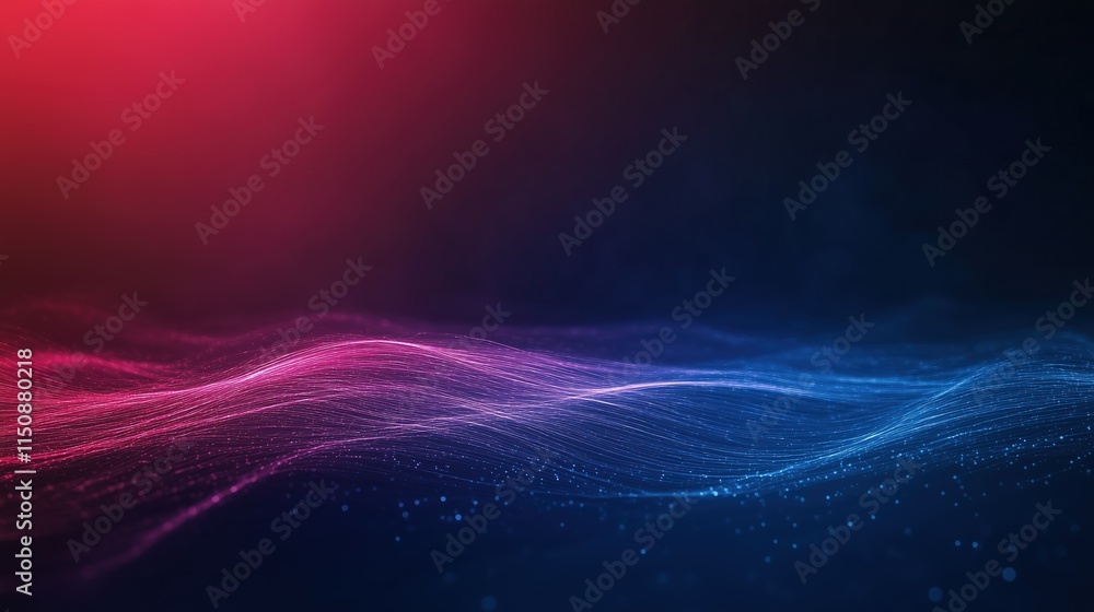 Poster abstract glowing lines in vibrant red and blue colors depicting optical data concept with dynamic mo