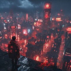 In a desolate, stormy dystopian city, a lone human stands defiantly among crumbling skyscrapers and neon-lit billboards, under the omnipresent control of AI drones and holograms—symbolizing resistance