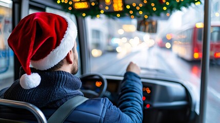 Public transport station route concept. A bus driver wearing a Santa hat navigates a festive city street adorned with holiday lights.