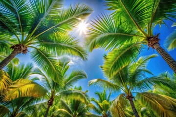 Fototapeta premium Panoramic Palm Tree Branches, Azure Sky - Stunning Tropical Vista