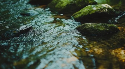 Tranquil Flow of Water Over Smooth Stones in a Serene Stream Capturing the Beauty of Nature's Patterns and Reflections in a Peaceful Outdoor Setting