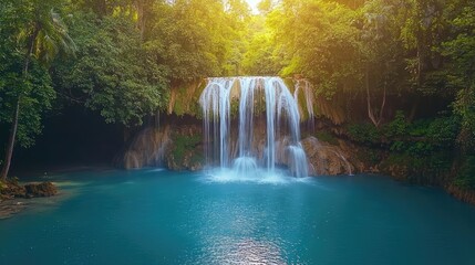 Serene nature concept. A serene waterfall cascading into a tranquil turquoise pool surrounded by lush vegetation.