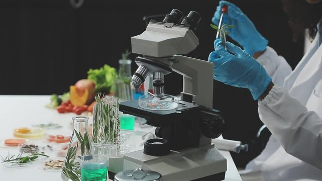 Female scientist with microscope, test tubes, laboratory glassware and reagents examining many fruits and vegetables in her lab. Dieting and food quality research concept.