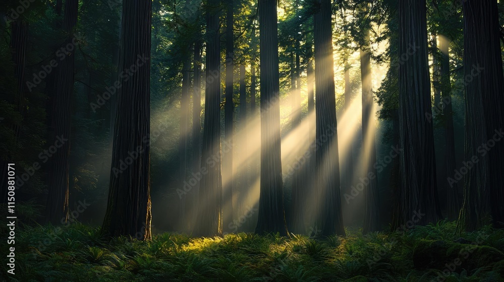 Poster serene nature concept. sunlight filters through towering trees in a serene forest, creating a tranqu