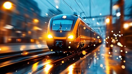 Public transport station route concept. A modern train travels through a rainy cityscape, illuminated by glowing lights, creating a dynamic and atmospheric scene.