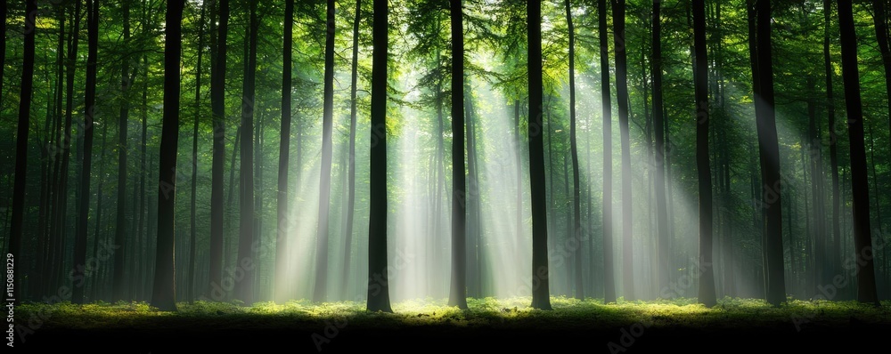 Poster serene nature idea. sunlight filters through lush trees in a tranquil forest setting.