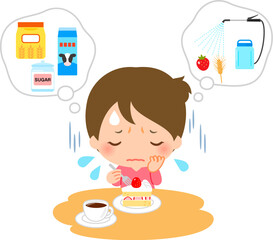 ケーキの材料が気になって食べるのを躊躇う女性