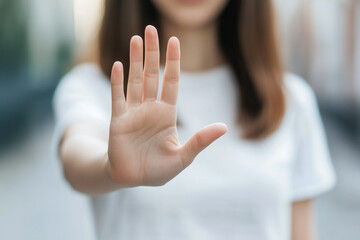 Woman Gesturing Stop with Open Hand