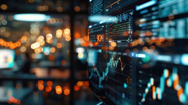 Night Stock Market Data Display on a Modern Screen Showing Financial Charts and Numerical Data