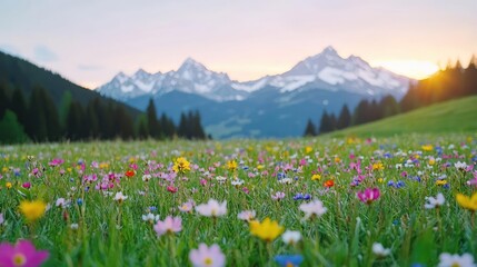 Fototapeta premium Serene nature idea. A vibrant field filled with colorful flowers surrounded by majestic mountains.