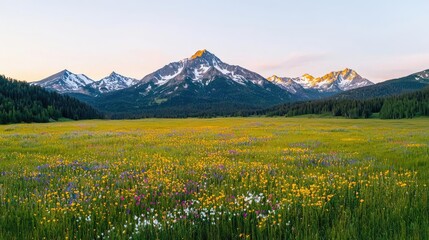 Serene nature idea. Vibrant wildflower meadow surrounded by majestic snow-capped mountains at sunset.